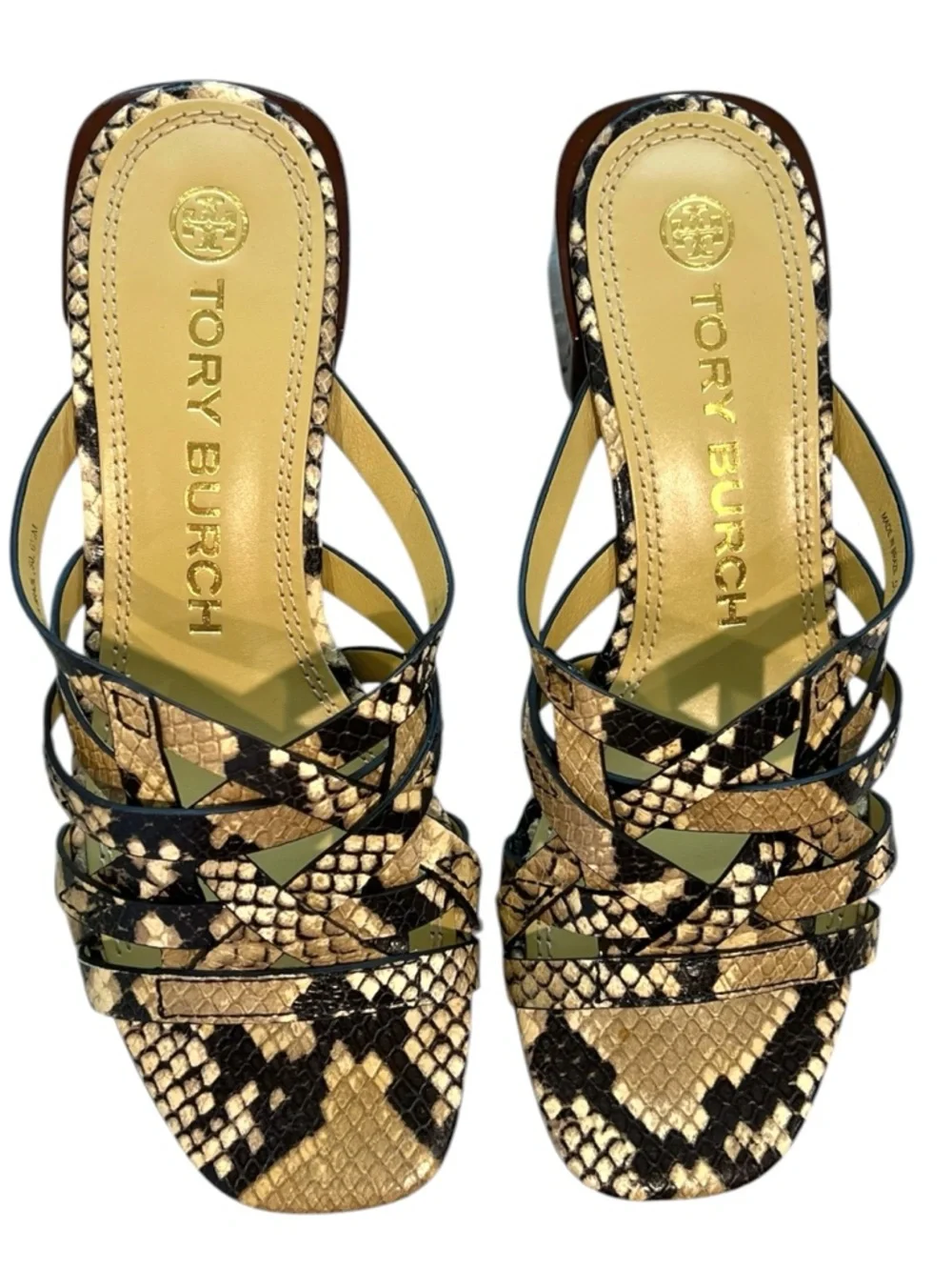 Tory Burch Basketweave Block Heel Snake Print Leather Sandals - NWT NEW